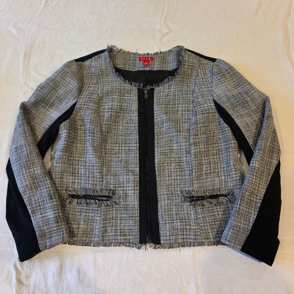 ELLE Women Grey Black Tweed Metallic Fringe Zip Front Jacket XL Professional
